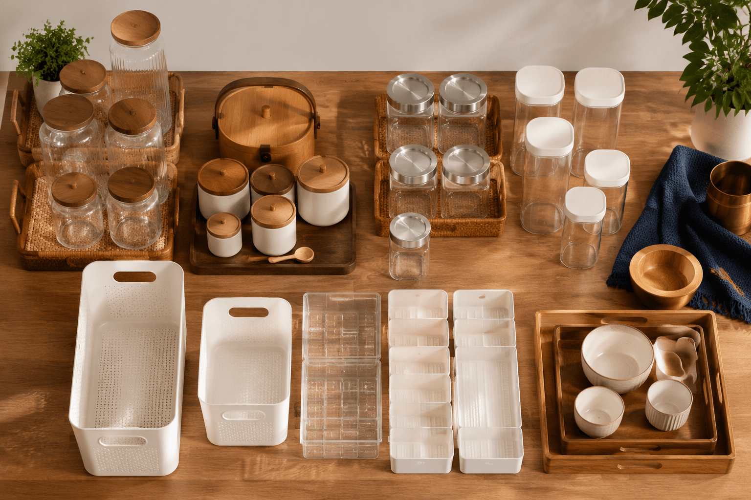 Empty kitchen storage kits grouped by zone on warm wood, arranged like a planning board