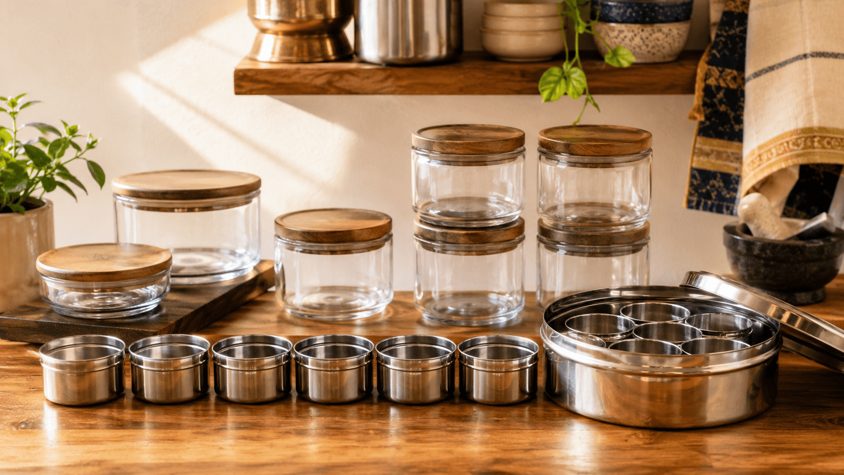 A tidy warm-lit kitchen counter lined with empty stainless spice tins and stacked glass storage jars