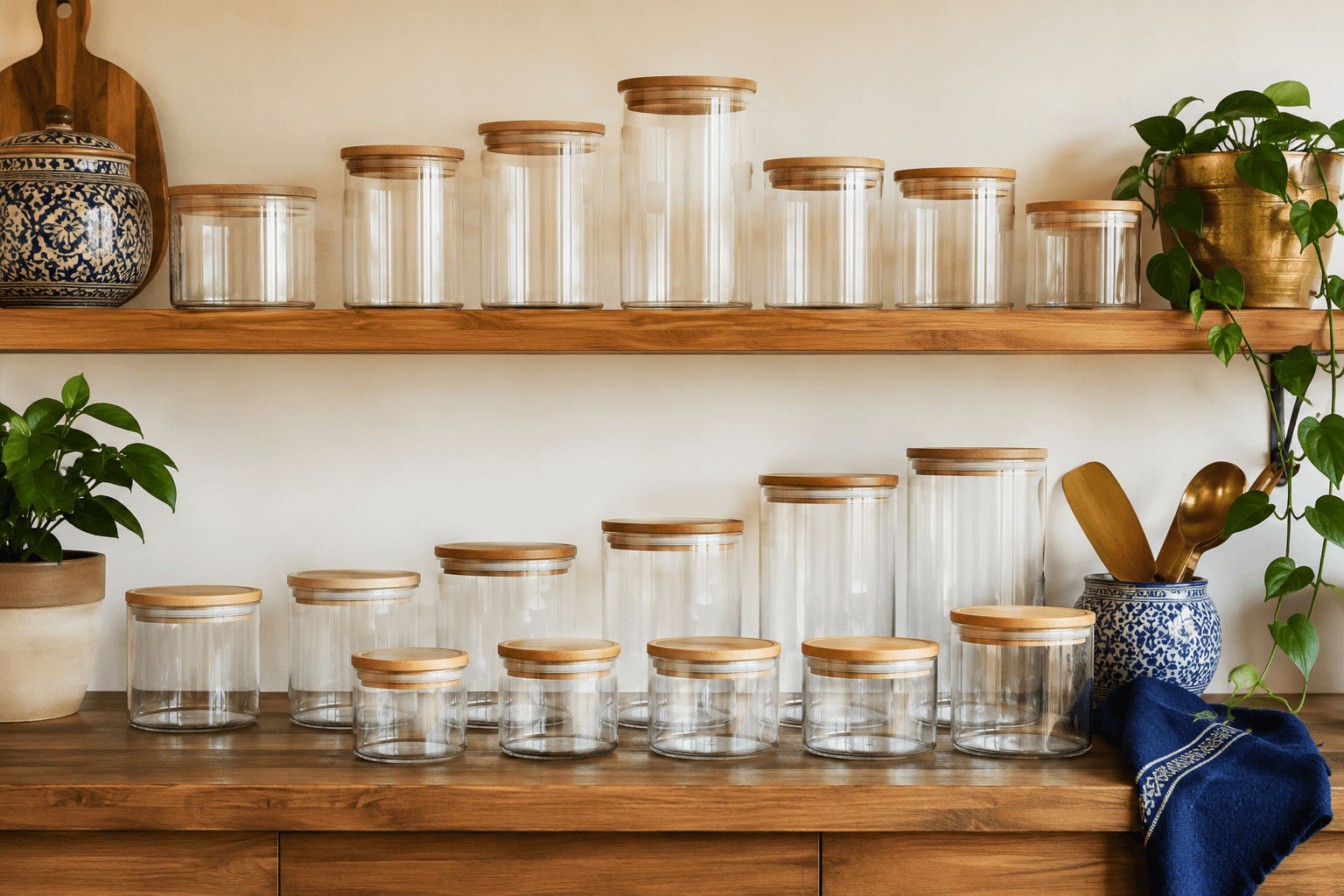 A tidy pantry shelf lined with matching empty labelled glass storage jars